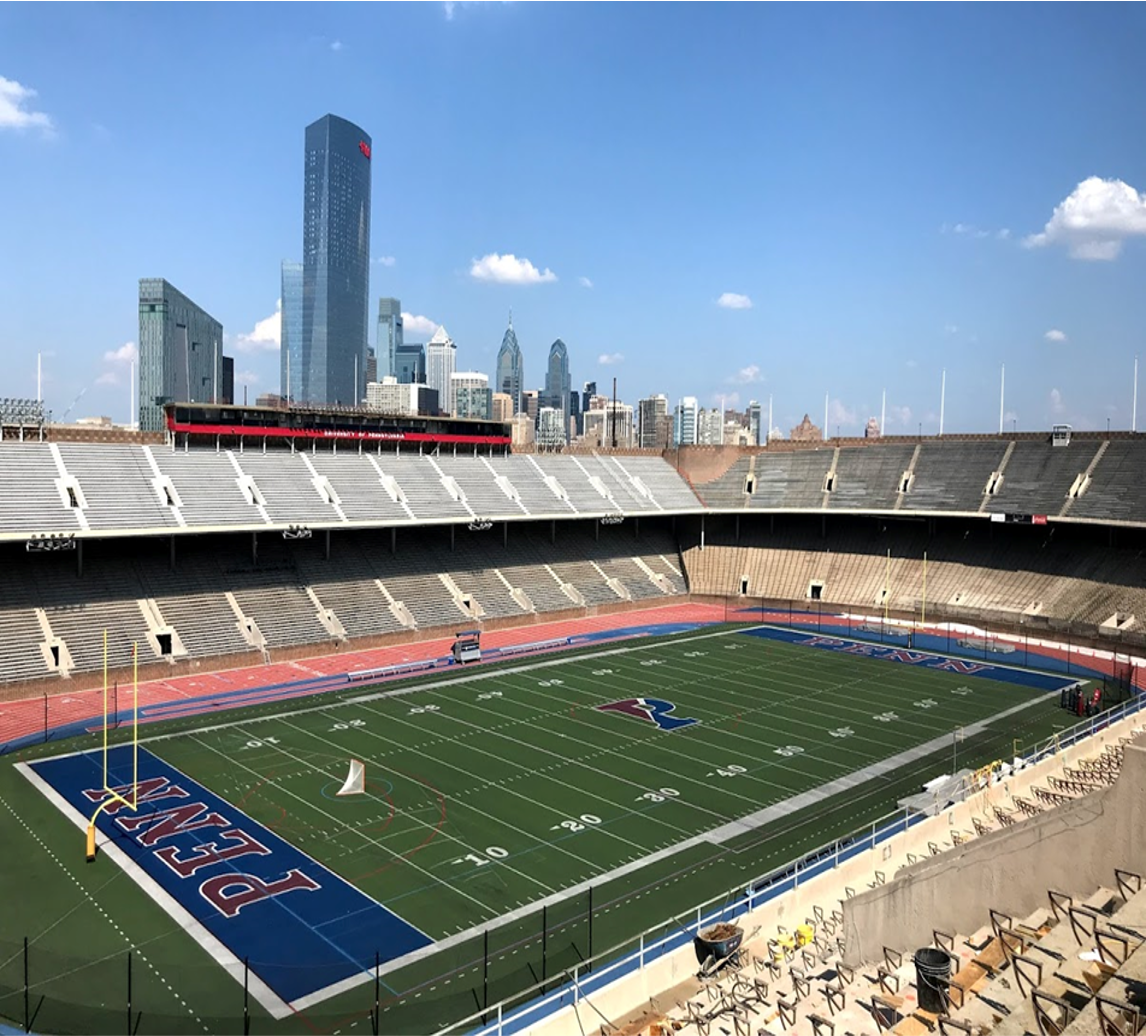 The view of Franklin Field with the Philadelphia skyline in the background. The stadium is empty as construction takes place.