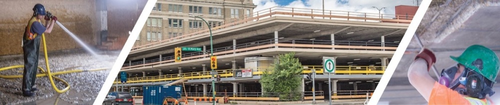 Image of a concrete parkade with workers in high visibility vests, hard hats, masks, and coveralls.