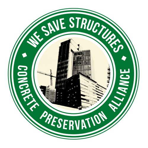 The logo for Concrete Preservation Alliance is circular with a green border reading "We Save Structures" and "Concrete Preservation Alliance". In the centre, there's a black and white image of a concrete building and a crane.