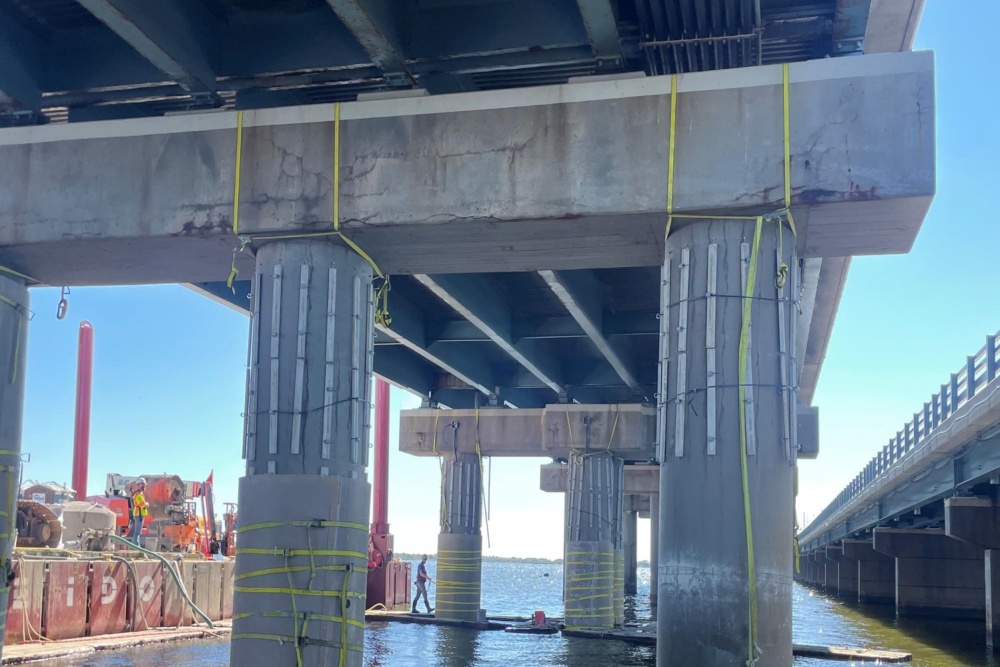 Galvashield DAS secured to the structure with a stay in place form installed on the left pile.