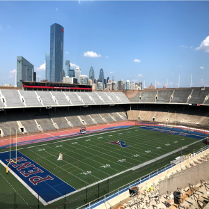 The view of Franklin Field with the Philadelphia skyline in the background. The stadium is empty as construction takes place.