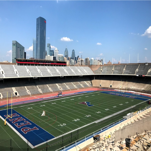 The view of Franklin Field with the Philadelphia skyline in the background. The stadium is empty as construction takes place.