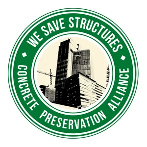 The logo for Concrete Preservation Alliance is circular with a green border reading "We Save Structures" and "Concrete Preservation Alliance". In the centre, there's a black and white image of a concrete building and a crane.