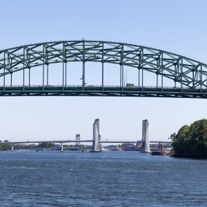 From the river below, a view of the Piscataqua River Bridge.